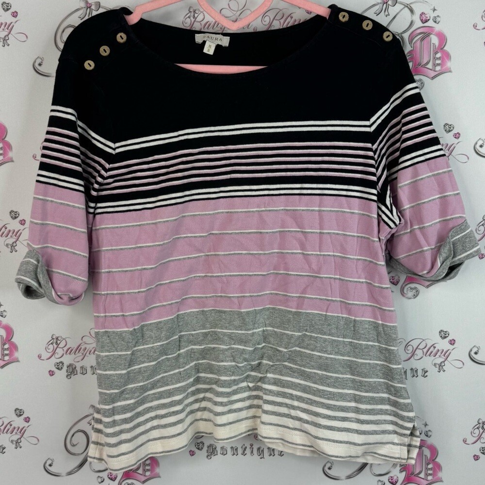 Laura top Elegant Striped Short Sleeve Top buttons stripes pink grey